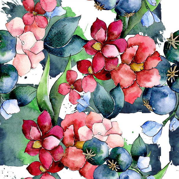 Czerwony i fioletowy kwiat kwiatowy botaniczny bukiet. Akwarela, ilustracja zestaw. Bezszwowe tło wzór. - Zdjęcie, obraz