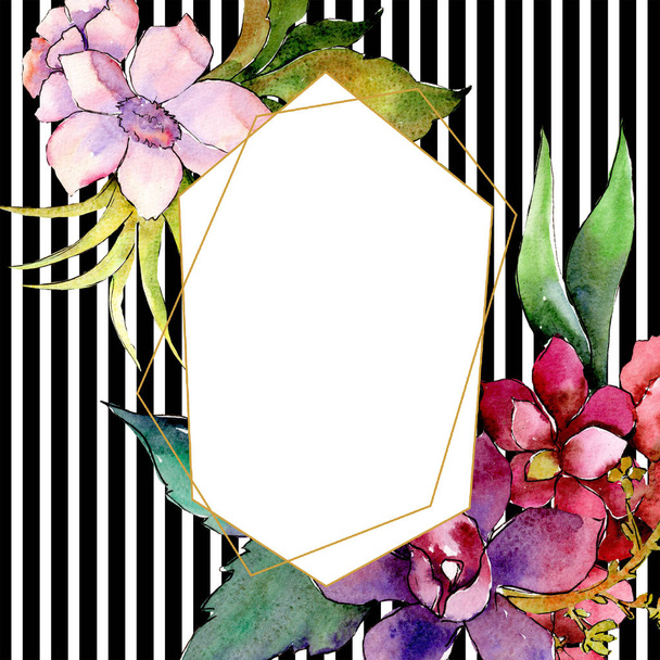 Rode en paarse bloemen botanische bloemboeket. Aquarel achtergrond afbeelding instellen. Frame grens ornament vierkant. - Foto, afbeelding
