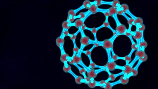 Ilustración 3D de bola azul brillante, estructura molecular, grafeno luminoso, molécula de carbono, rejilla tridimensional. La idea del desarrollo de nanotecnología. Representación 3D, fondo oscuro
. - Foto, imagen