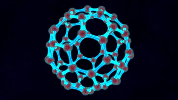 Ilustração 3D de bola azul brilhante, estrutura molecular, grafeno luminoso, molécula de carbono, grade tridimensional. A ideia de desenvolvimento de nanotecnologia. 3D renderização, fundo escuro
. - Foto, Imagem