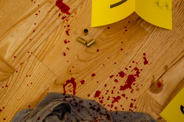 Casquillos de bala. ropa ensangrentada, y arma al lado de marcadores en la escena del crimen
 - Foto, Imagen