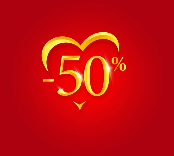 Valentines Day Sale poster. Holiday Discount banner design. Premium sale Certificate template. Golden numbers with abstract heart shape. Vector illustration on red background. - Vector, Image