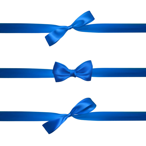 水平の青いリボンを白で隔離現実的な青い弓です。装飾贈り物、挨拶、休日の要素です。ベクトル図. - ベクター画像