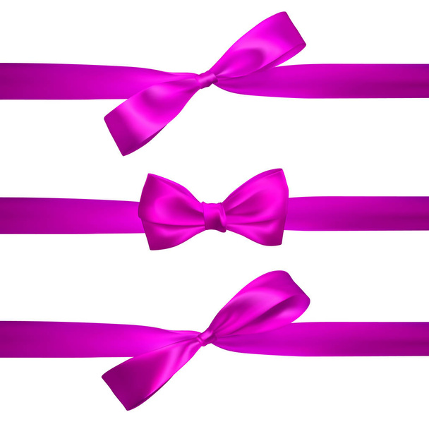 白で隔離水平のピンクのリボンで現実的なピンクの弓。装飾贈り物、挨拶、休日の要素です。ベクトル図. - ベクター画像