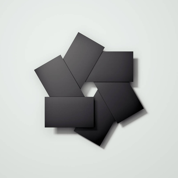 Blank black cards arranged in camera diaphragm shape, 3d rendering. - Foto, Imagen