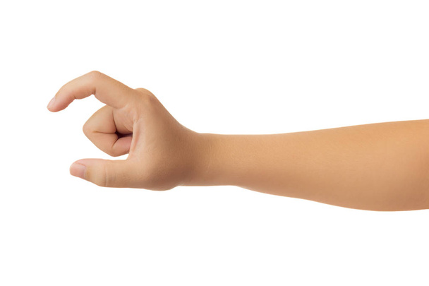 menschliche Hand in der Hand ausstrecken und Geste der Auswahl isoliert auf weißem Hintergrund mit Clipping-Pfad, hoher Auflösung und niedrigem Kontrast für Retusche oder Grafikdesign - Foto, Bild