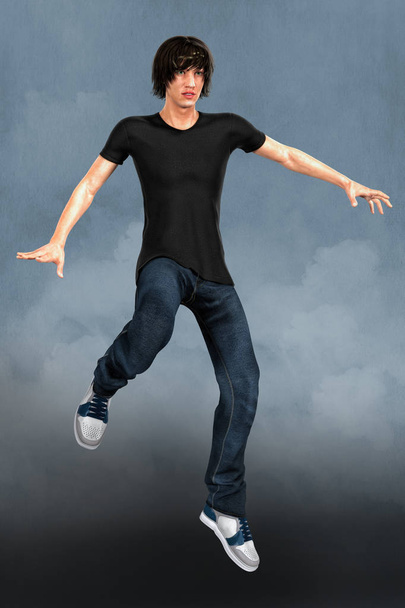 Male 3D urban fantasy paranormal character leaping into the air. This figure is rendered in a softer illustrative style particularly suited to book cover art and a range of artwork uses. One of a series. - Fotografie, Obrázek