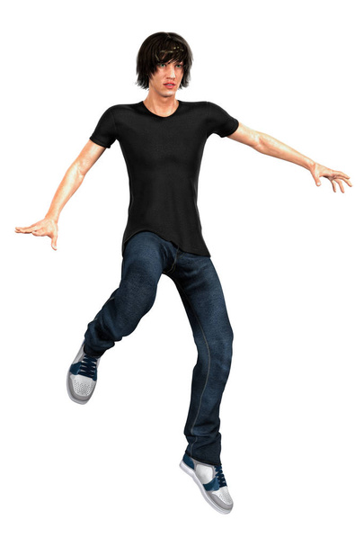 Male 3D urban fantasy paranormal character leaping into the air. This figure is rendered in a softer illustrative style particularly suited to book cover art and a range of artwork uses. One of a series. - Photo, Image