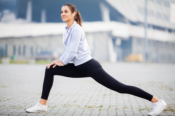 Woman Stretching Body, Doing Exercises On Street - Fotoğraf, Görsel