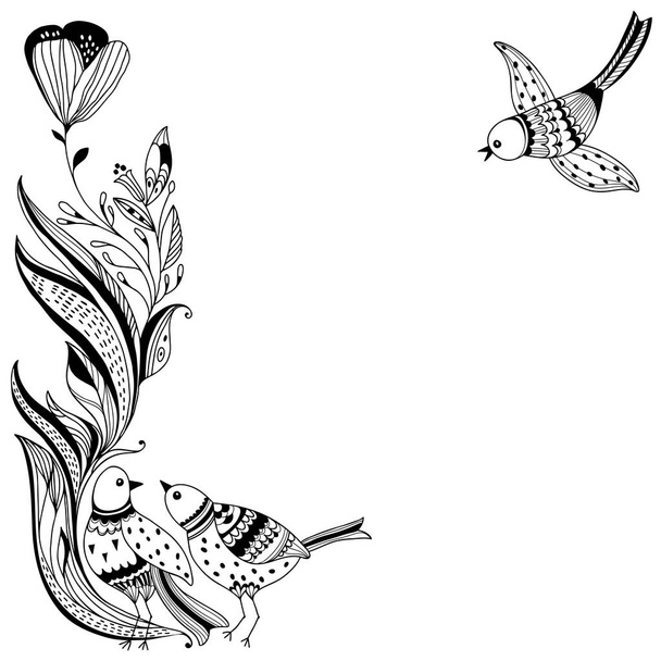 Hand-drawn vector sketch of birds and floral elements on white background - Vetor, Imagem
