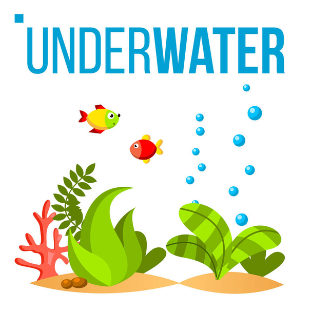 Unterwasserwelt-Vektor. Boden, Fisch, Algen, Blasen. isolierte flache Cartoon-Illustration - Vektor, Bild