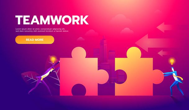 Business teamwork concept. Two businessmen connecting puzzle elements. Vector illustration flat style design metaphor. Combining two pieces. Symbol of working together, cooperation, partnership - Vector, Image