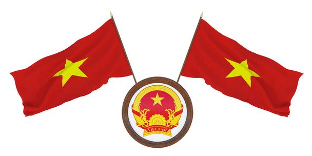 Bandera nacional y escudo de armas Ilustración 3D de Vietnam. Antecedentes para editores y diseñadores. Fiesta nacional
 - Foto, Imagen