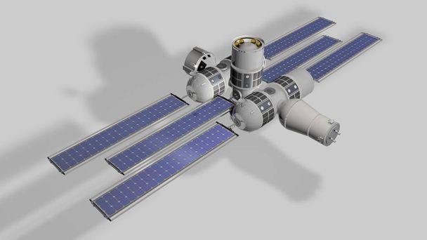 Estação Espacial Aurora. Estação Espacial de Orion. Modelo 3D neutro sobre fundo branco. Renderização 3D
 - Foto, Imagem