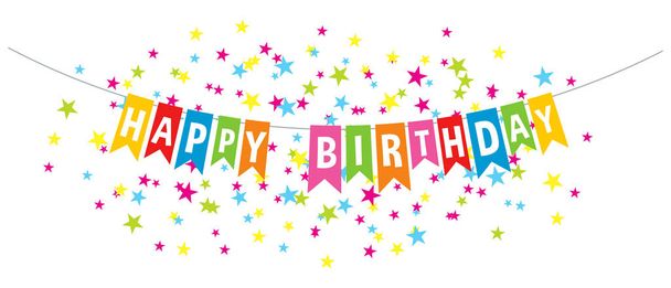 A színes jelölők felirat: boldog születésnapot, a háttérben a robbanás konfetti kekszet. Vektoros illusztráció. Elszigetelt fehér background - Vektor, kép