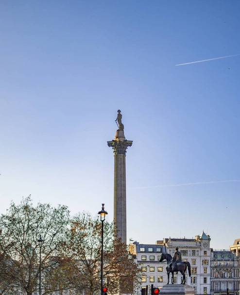 Trafalgar Square, Londýn, Anglie-18. listopadu 2018: Trafalgarské náměstí s výhledem na Nelsonův sloupek v časném ranním čase a s turisty kolem a dalšími budovami. - Fotografie, Obrázek