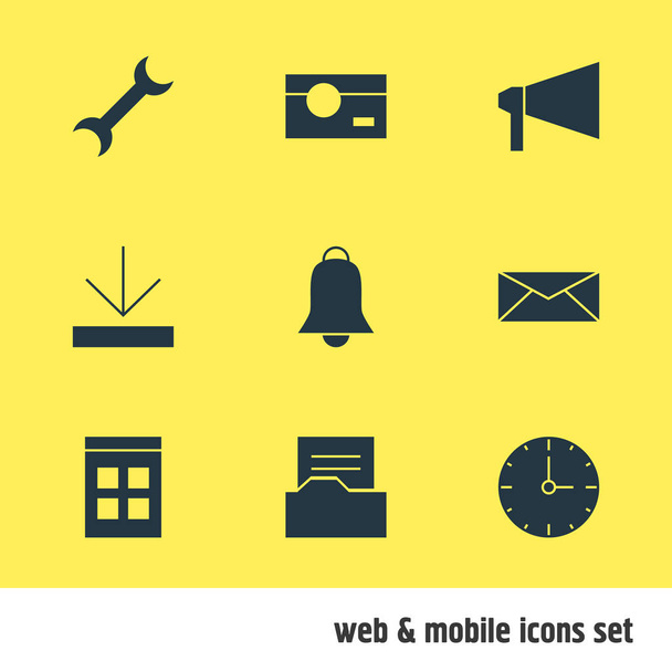 Vector illustration of 9 web icons. Editable set of folder, e-mail, alarm and other icon elements. - Vektori, kuva