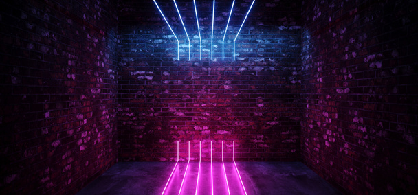 Dark Sci Fi Modern Futuristico Vuoto Grunge Brick Wall Room Viola Blu Rosa incandescente Luci Pavimento in cemento Linea verticale al neon Forme di luce Spazio vuoto 3D Rendering Illustrazione
 - Foto, immagini