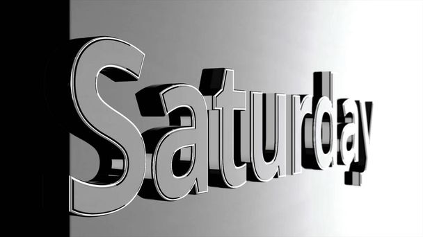 Tag der Woche Samstag aus grauen 3D-Buchstaben nähert sich und entfernt sich. Wortsamstag auf schwarzem und grauem Hintergrund. - Foto, Bild