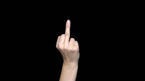 Ручний знак, що показує середній палець грубим способом означає ебать, ізольований на чорному тлі. Ручний знак людини, що показує середній палець, негативний вираз
 - Фото, зображення