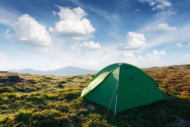 Picturesque scene with green tent and blue sky - Foto, Bild