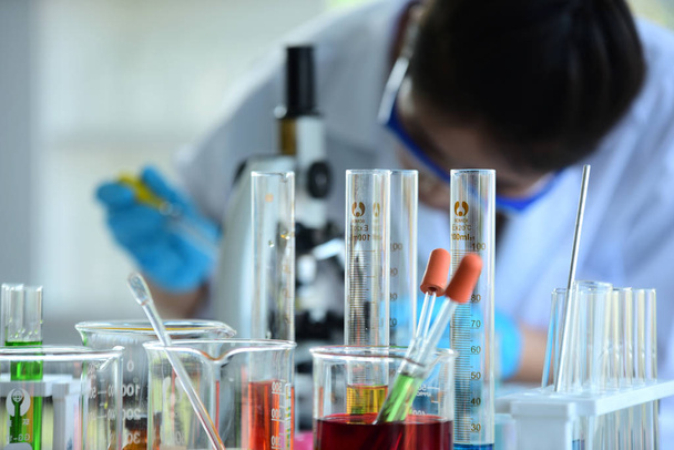 Young scientists are experimenting with science at Asian scientist holding a test tube in a laboratory. Scientists are working in science labs.  - Фото, изображение