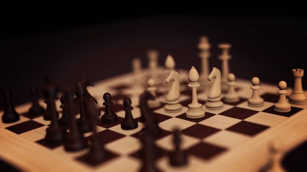 3D chess concept. Chess board with chessmen loop with alpha. Chess board game animation. Chess board with pieces descending. - Photo, Image