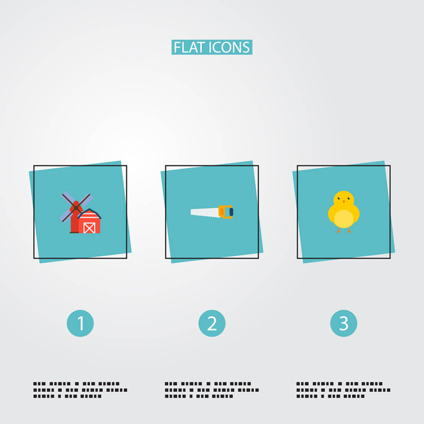 ファーム、ハンドソー、web モバイル アプリのロゴ デザイン鶏アイコン収穫アイコン フラット スタイル記号のセット. - 写真・画像