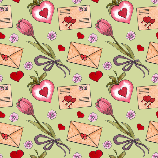 Bezproblémové vzor obálky, tulipán a srdce na Valentýna - Fotografie, Obrázek