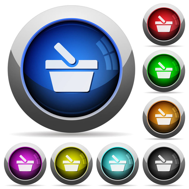 Cesta de la compra iconos en botones redondos brillantes con marcos de acero
 - Vector, Imagen