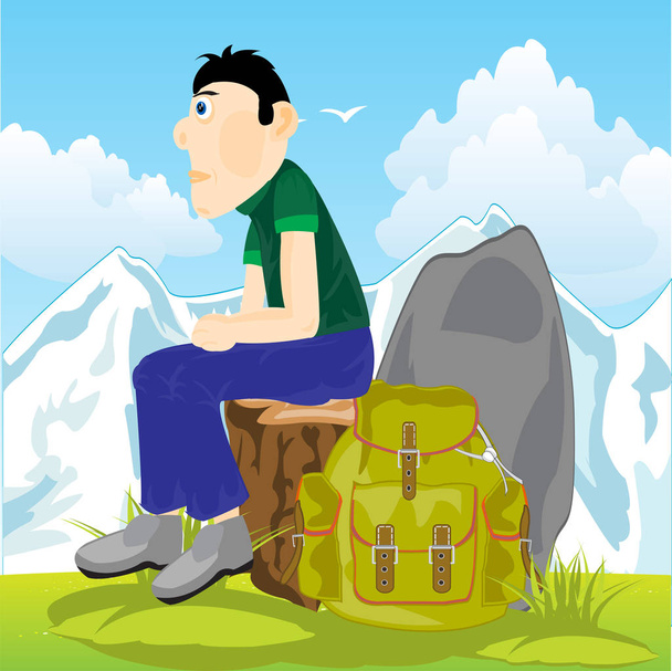 Man travellier on glade on background of the snow mountains - Vector, Image