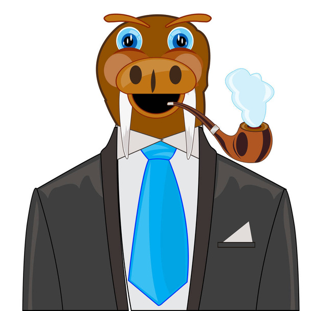 Cartoon animal walrus in fashionable suit with tie - Vector, Image