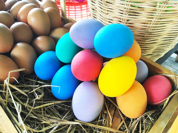 Close up raw colorful eggs on straw. Easter holiday background. - Photo, Image