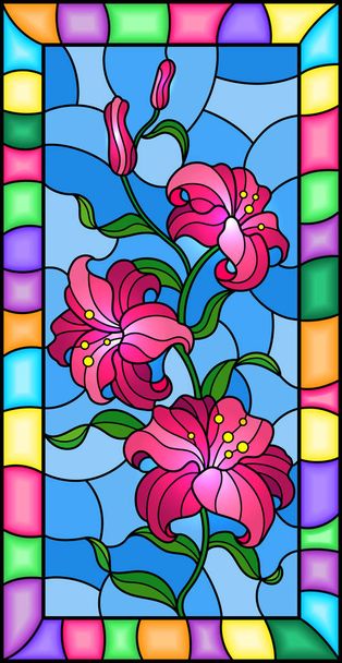 Illustration in stained glass style with a branch of pink  lilies on a blue  background, vertical image in bright frame - Vector, Image