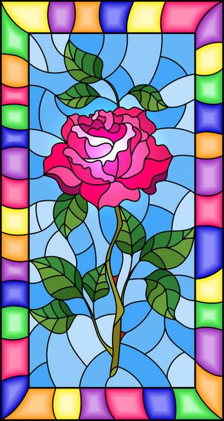 Illustration in stained glass style flower of pink  rose on a blue background in a bright frame - Vector, Image