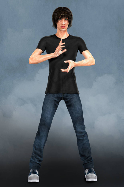 Male 3D urban fantasy paranormal character in magical pose. This figure is rendered in a softer illustrative style particularly suited to book cover art and a range of artwork uses. One of a series. - Фото, изображение