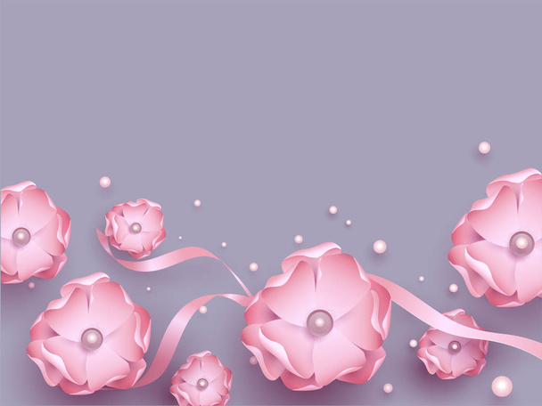 Beautiful pink flowers with ribbon and pearls decorated on purple background with space for your message. - Vector, Image