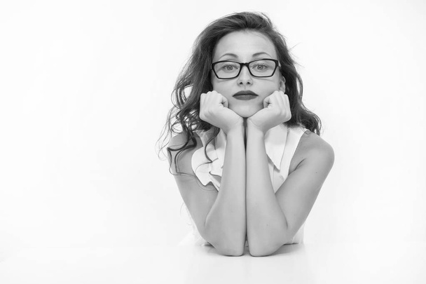 lazy school girl isolated on white. sexy businesslady bored at work office, copy space. tired of waiting. so boring business. wish i have more free time. smart school girl in glasses with red lips - Fotografie, Obrázek