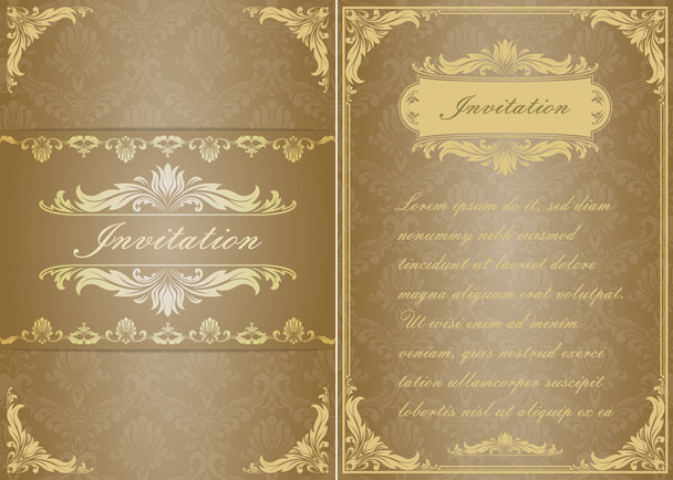 premium invitation or wedding card in vintage decorative golden frame with beautiful filigree and retro border on ancient background, luxury postcard, ornament vector - Vektör, Görsel