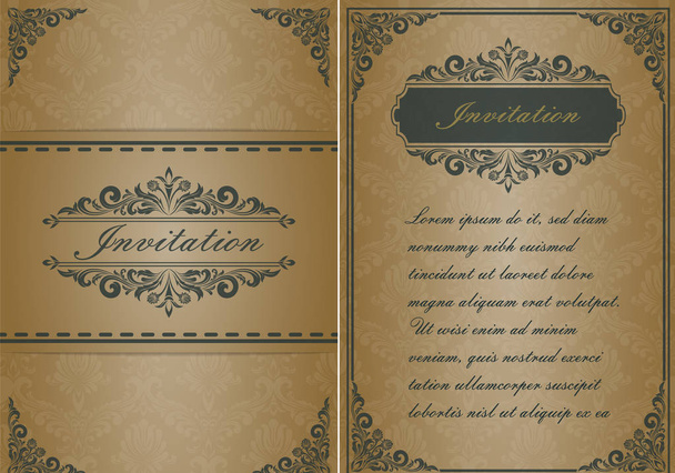 premie uitnodiging of bruiloft kaart in vintage decoratieve gouden frame met mooie filigraan en retro grens op oude achtergrond, luxe briefkaart, sieraad vector - Vector, afbeelding