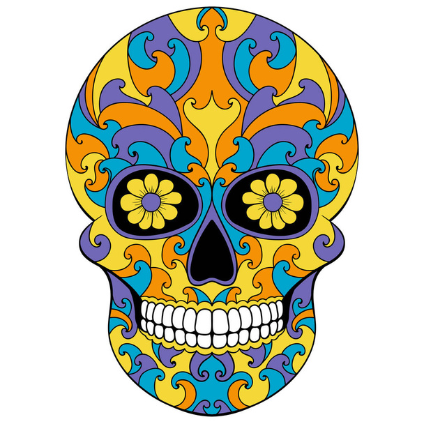 Día de la Calavera Muerta con adorno floral. Cráneo de azúcar mexicano. Ilustración vectorial
 - Vector, imagen