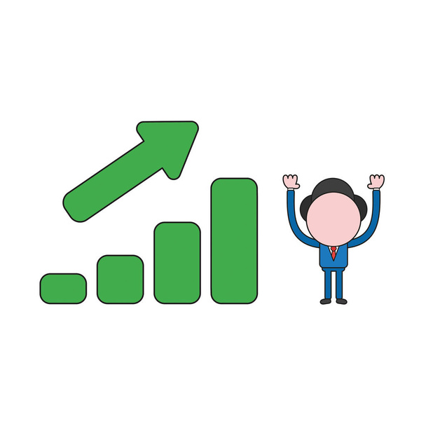 Vector illustration concept of businessman character with sales bar graph moving up. Color and black outlines. - Vector, Image
