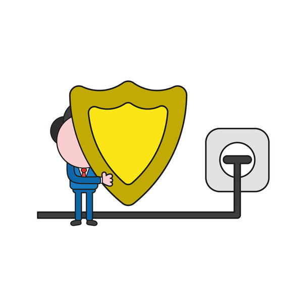 Vector illustration concept of businessman character holding guard shield ang plug plugged into outlet. Color and black outlines. - Vector, Image