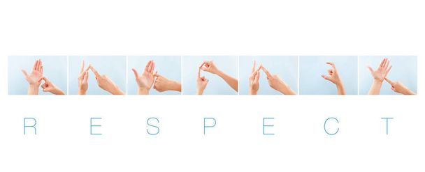 聾唖の人のイギリスの手話の単語を尊重します。非言語的メッセージ. - 写真・画像