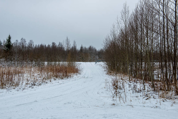 sneeuw bedekt winter weg met band tracks - Foto, afbeelding