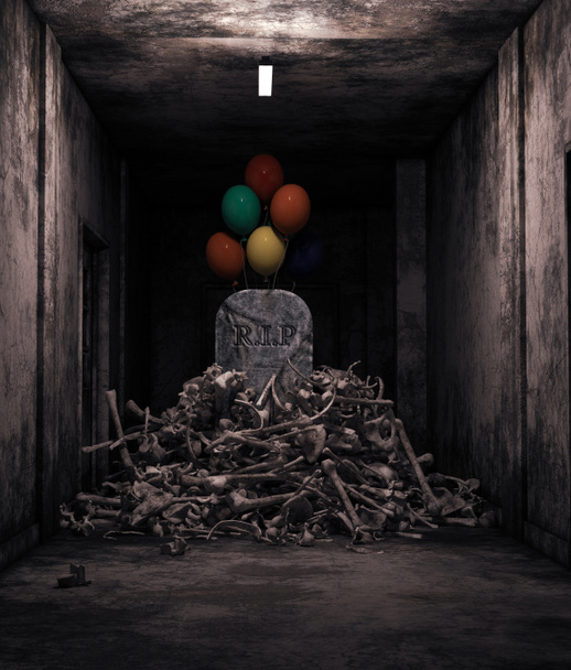 RIP δωμάτιο, σωρός από οστά με βαρεία πέτρα και μπαλόνια σε εγκαταλελειμμένο σπίτι, 3d rendering - Φωτογραφία, εικόνα