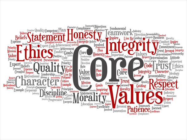 Vektor fogalmi alapvető értékek integritását etikai absztrakt fogalom szó felhő elszigetelt háttér. Kollázs őszinteség minőségi bizalom, nyilatkozat, karakter, fontos kitartás, tisztelet megbízható szöveg - Vektor, kép