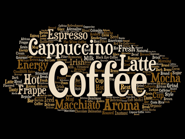 Käsitteellinen luova kuuma aamu italialainen kahvitauko, cappuccino tai espresso ravintola tai kahvila abstrakti juoma sana pilvi eristetty taustalla. Energia tai maku juoma käsite teksti
 - Valokuva, kuva
