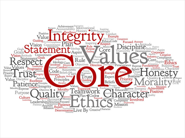 Conceptual core values integrity ethics abstract concept word cloud isolated background. Collage de honestidad calidad confianza, declaración, carácter, perseverancia importante, respeto texto digno de confianza
 - Foto, Imagen