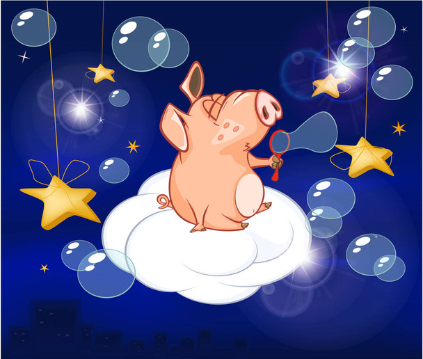 Illustration of cute cartoon pig character blowing soap bubbles on cloud at night - Vector, Image